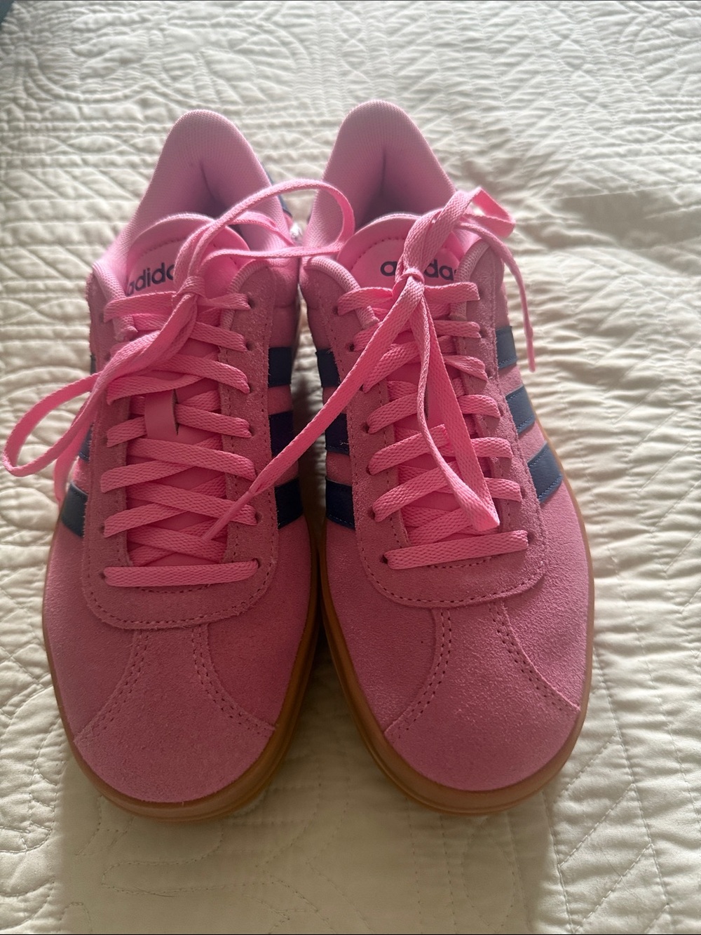 Adidas VL Court Bold Women's Pink Suede Sneakers with Navy Stripes.  Sz 7.  NWT